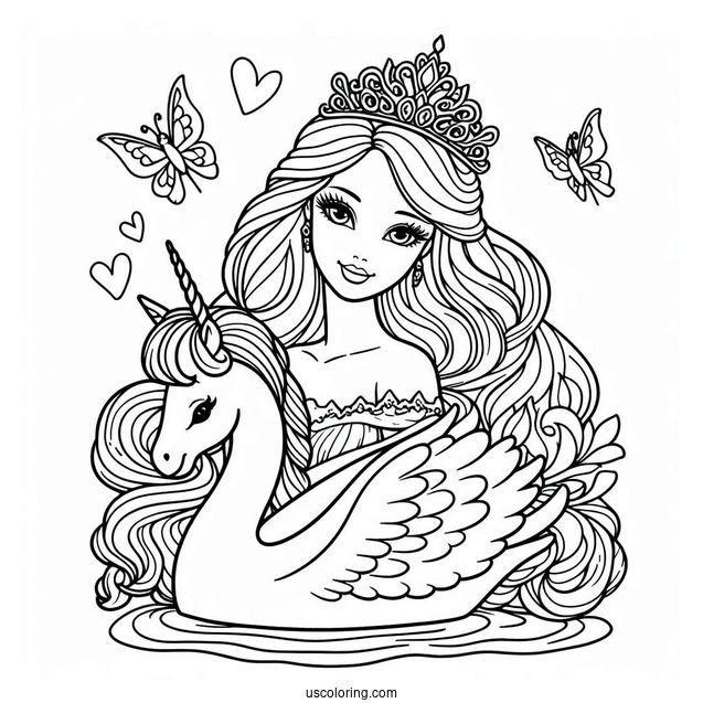Swan Princess Barbie With Unicorn Coloring Sheet