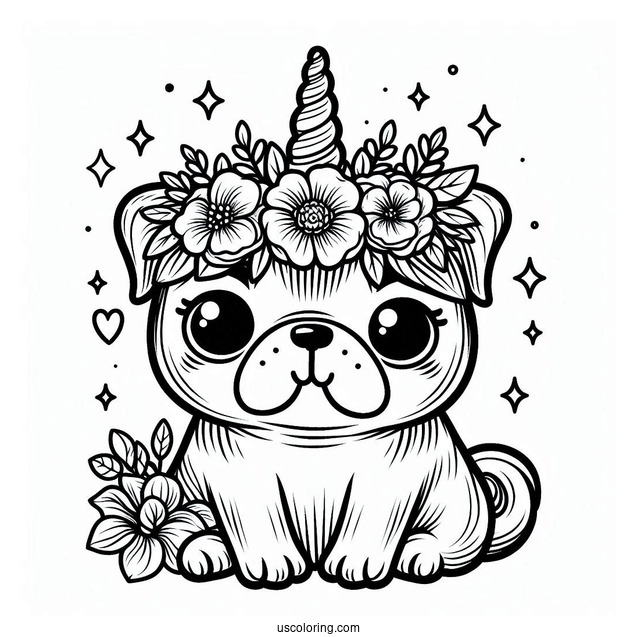 Adorable Pug Coloring Page Wearing a Unicorn Horn and Flower Crown