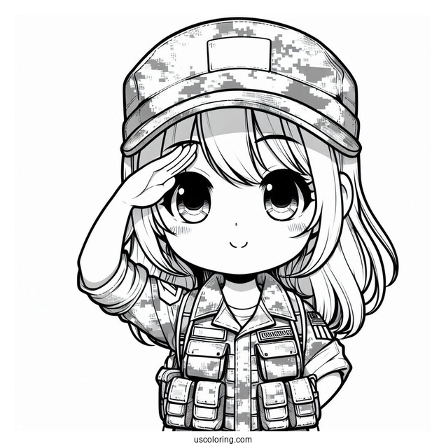 Chibi Female Soldier Coloring Page Saluting In Camouflage Uniform