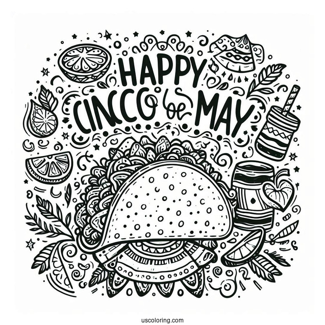 Happy Cinco De Mayo Words Around A Taco Coloring Page