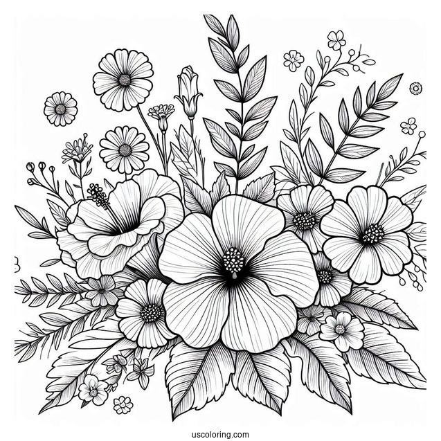 Flower Coloring Pages Of Hibiscus And Daisies With Wildflowers
