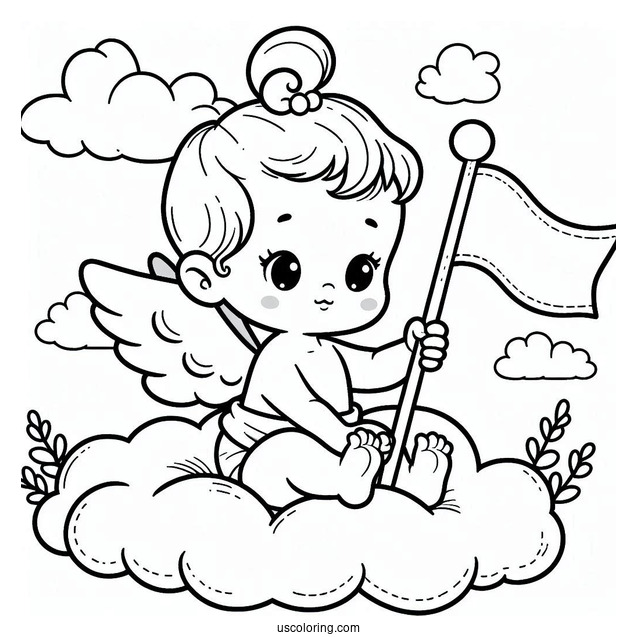 Baby Coloring Page Sitting On A Cloud Holding A Flag