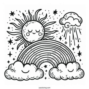 Large Sun With Rainbow And Clouds To Color