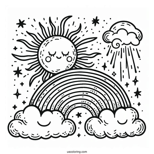Large Sun With Rainbow And Clouds To Color