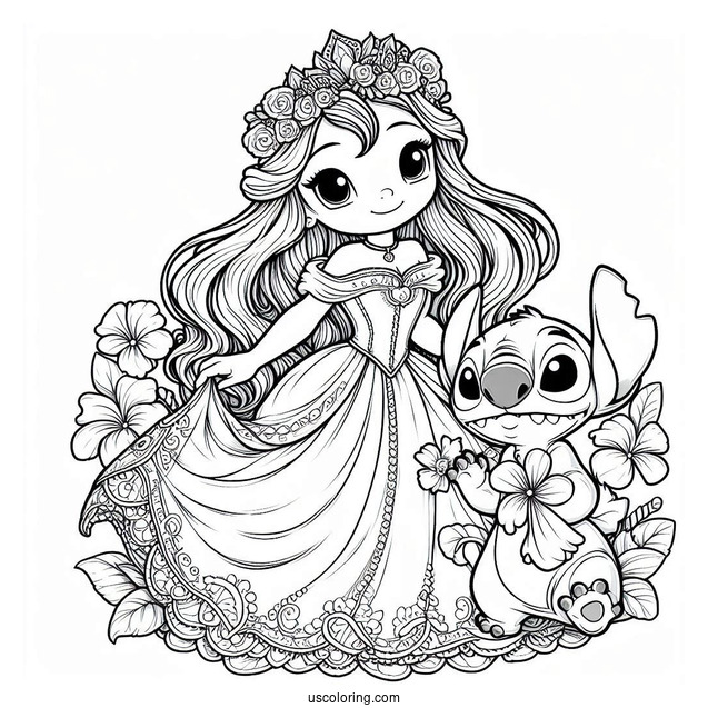 Stitch With Cinderella Coloring Page For Kids