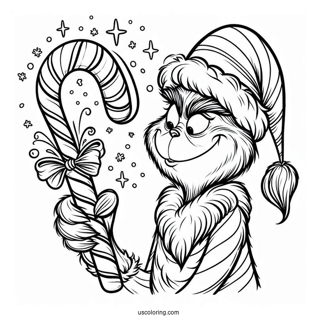 Grinch Holding A Candy Cane Coloring Page On Christmas Day