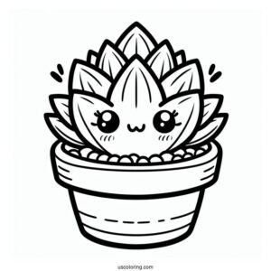 Kawaii Succulent Coloring Page In A Pot For Preschoolers