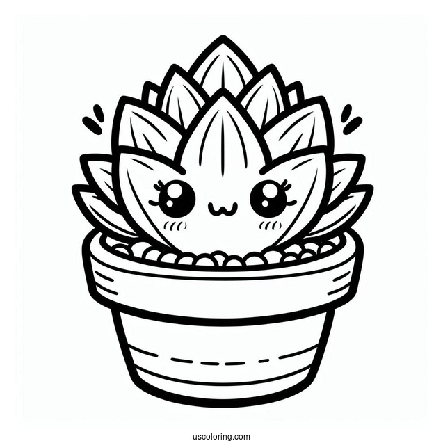 Kawaii Succulent Coloring Page In A Pot For Preschoolers