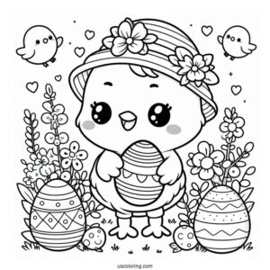Easter Coloring Page Of Kawaii Chick Holding Easter Egg For Preschoolers