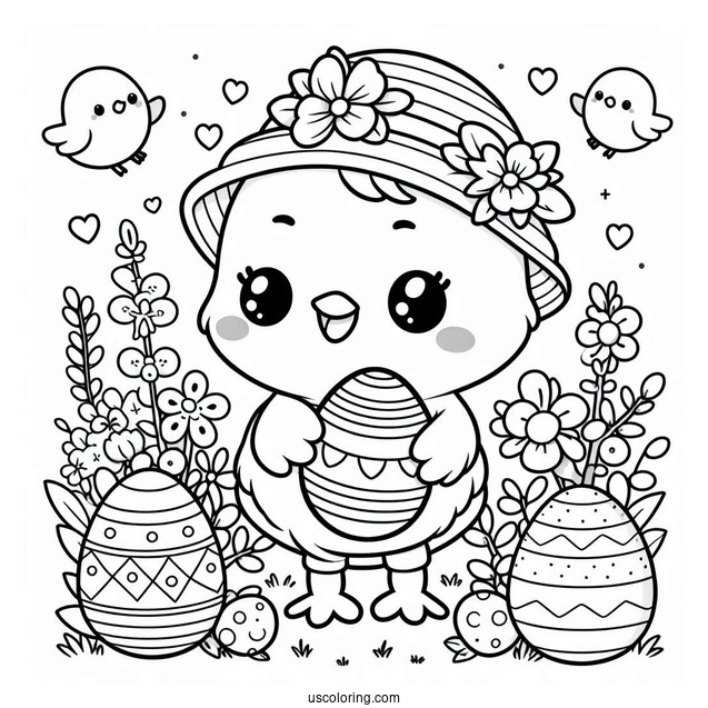 Easter Coloring Page Of Kawaii Chick Holding Easter Egg For Preschoolers