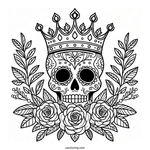 Majestic Sugar Skulls Coloring Page Wearing Crown