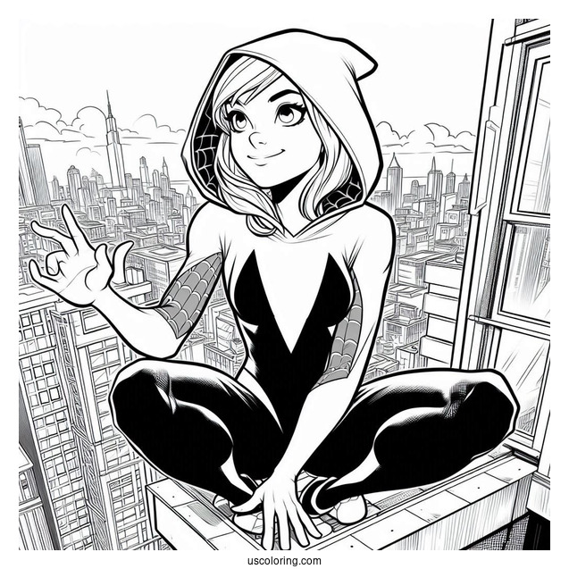 Spider-Gwen Coloring Page On The Edge Of A Building Holding Her Hand Out