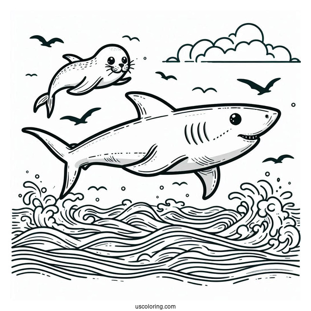 Shark Coloring Page Chasing Seal In The Ocean