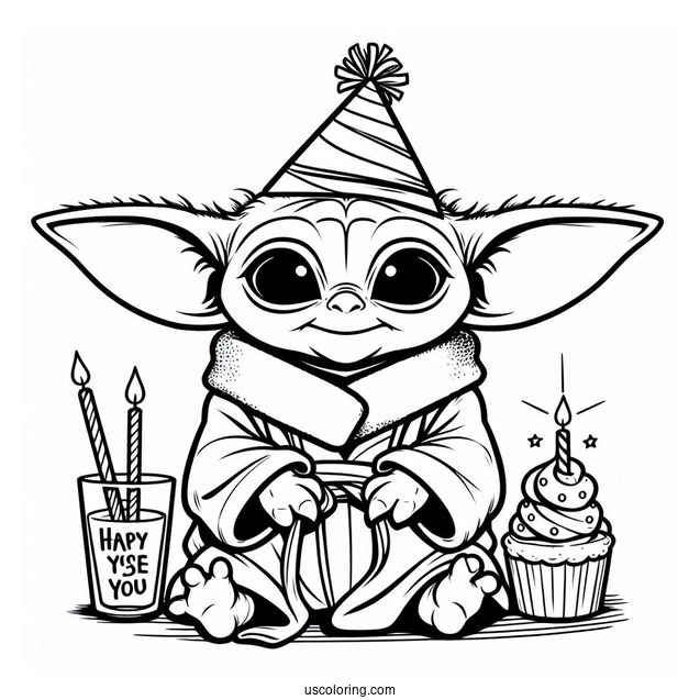 Happy Birthday Baby Yoda Coloring Page