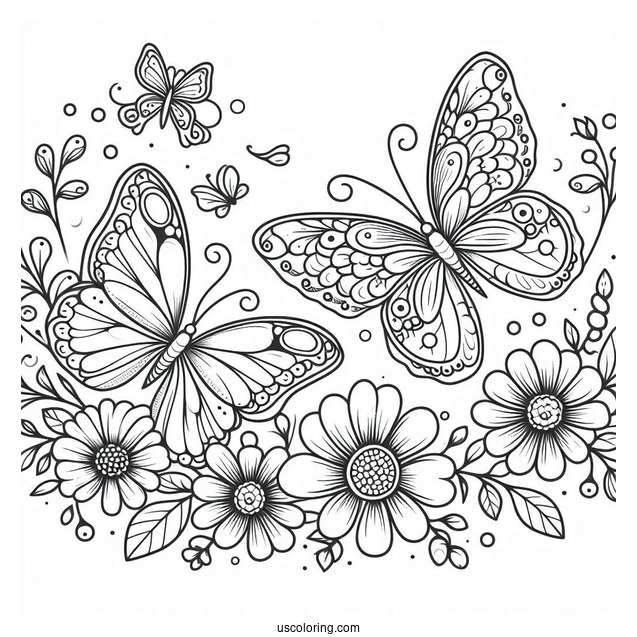 Full Page Butterflies With Flowers Coloring Page