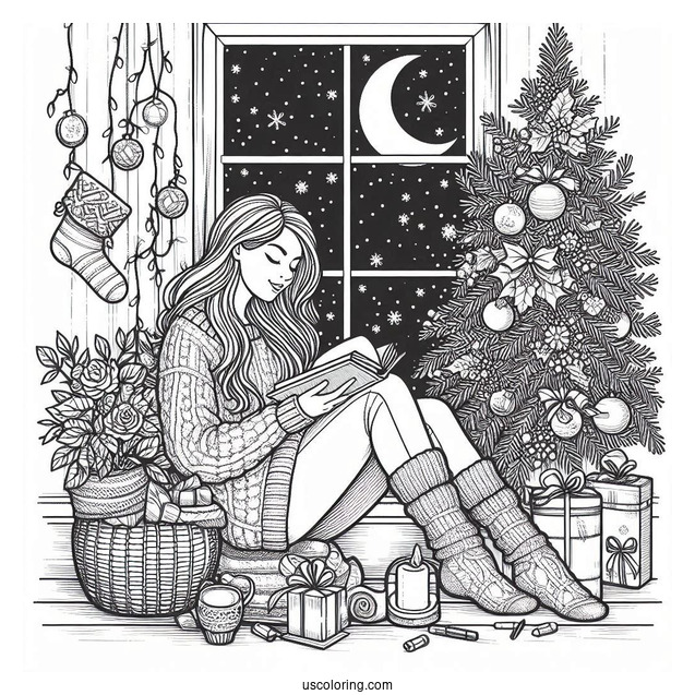 Christmas Coloring Pages For Adults Of Woman Reading Book Beside Window On Christmas Day
