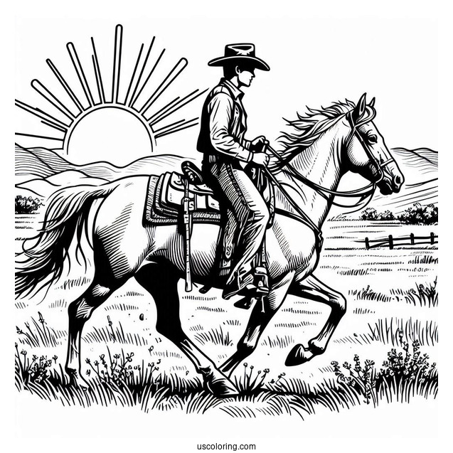 Realistic Cowboy Coloring Page Riding A Horse With The Sun Behind Them