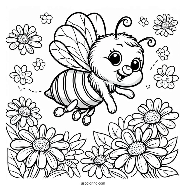 Happy Bee Coloring Page Flying Over Daisies