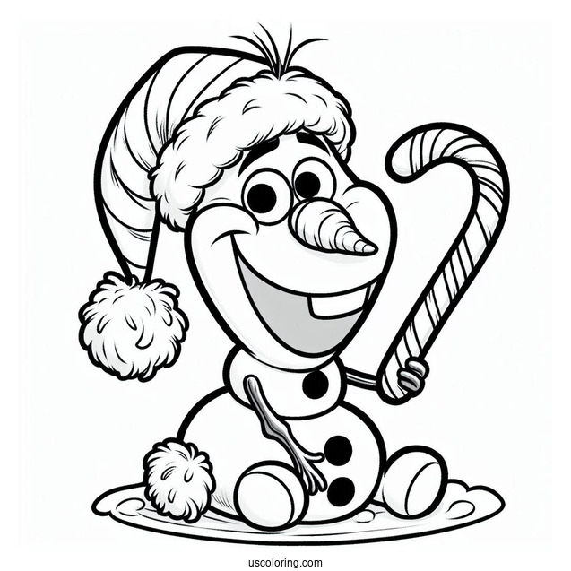 Olaf Wearing Santa Hat With Candy Cane To Color