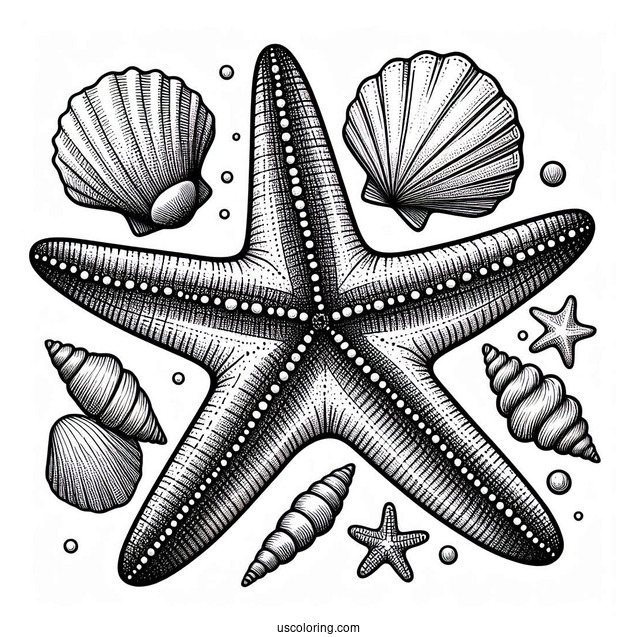 Textured Starfish Coloring Page With Seashells