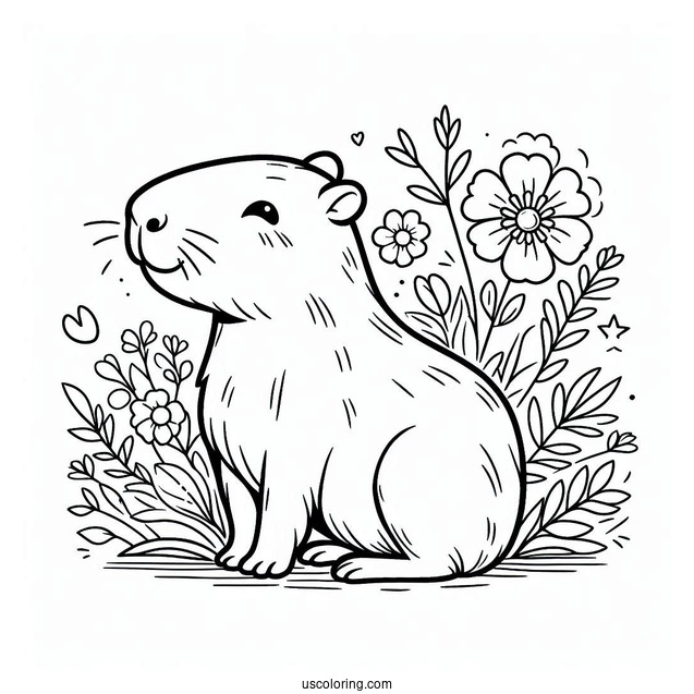 Cute Capybara Coloring Page With Flowers For Kids