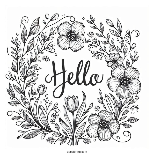 Calligraphy Hello Spring Coloring Page With Flower Wreath