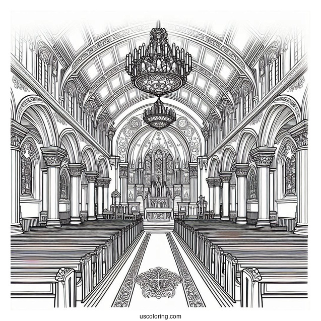 Detailed Interior Of A Catholic Church Coloring Page