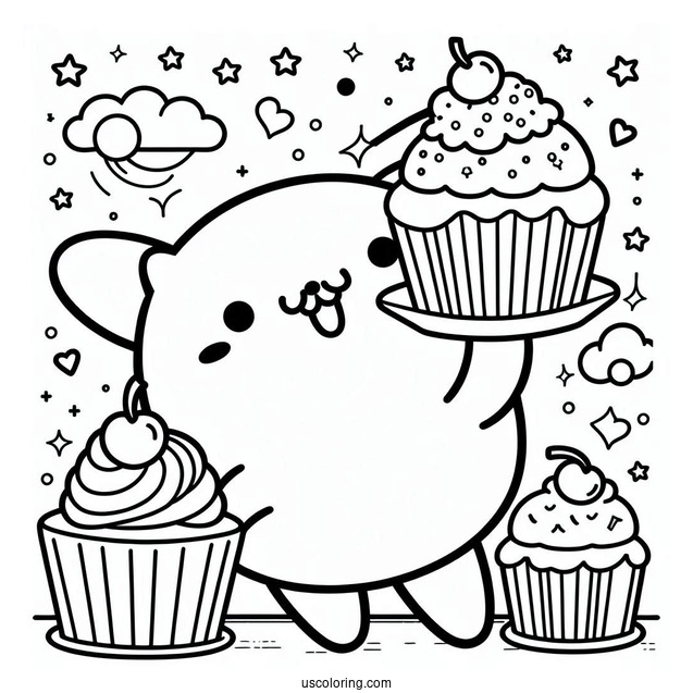 Kawaii Pompompurin Serving Cupcakes Coloring Page