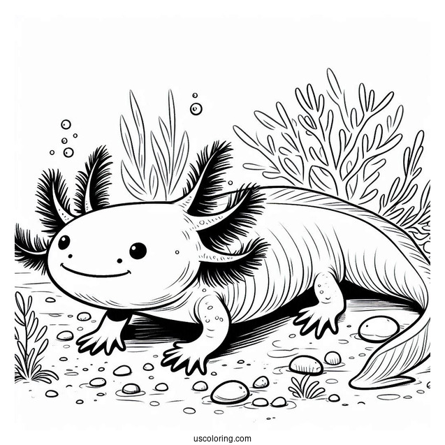 Large Axolotl Coloring Page Crawling On The Sea Floor