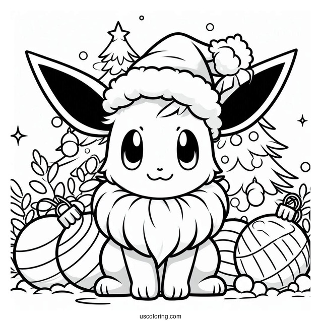 Pokemon Christmas Coloring Page Eevee Wearing Santa Hat With Christmas Baubles In The Background