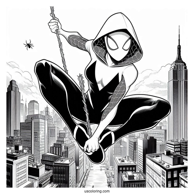 Realistic Spider-Gwen Coloring Page Swinging Across The City