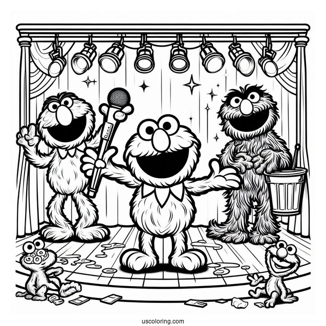 Elmo, Oscar The Grouch, Cookie Monster, And Grover On Stage