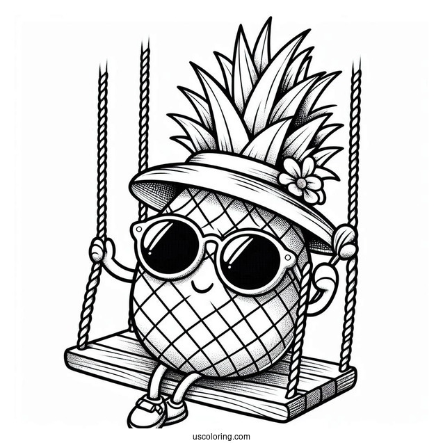 Pineapple Coloring Page on Swing Wearing Sunglasses and Hat