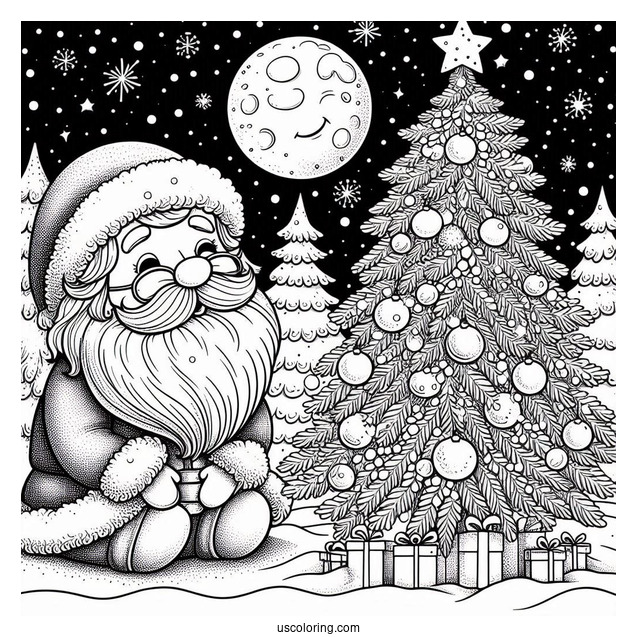 New Year Coloring Page Of Santa Claus Beside A Christmas Tree On Snowy Night