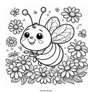 Happy Bee Coloring Page Flying Over Daisies