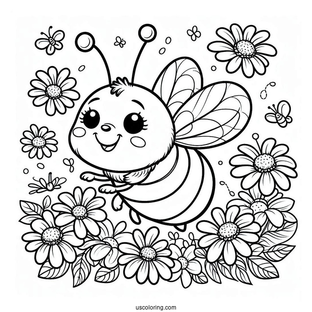 Happy Bee Coloring Page Flying Over Daisies