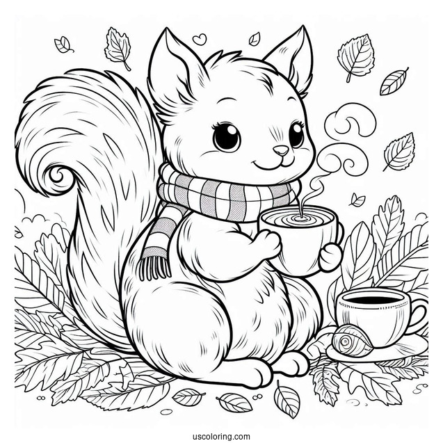 Squirrel Coloring Page Sitting On Fall Leaves With Scarf And Hot Drink