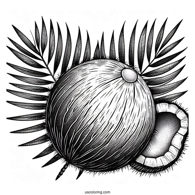 Realistic Coconut Coloring Page On Leaves