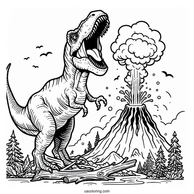 Roaring T-Rex With Volcano Erupting To Color