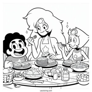 Steven Universe Coloring Page Of Having Breakfast With Pearl, Garnet, And Amethyst