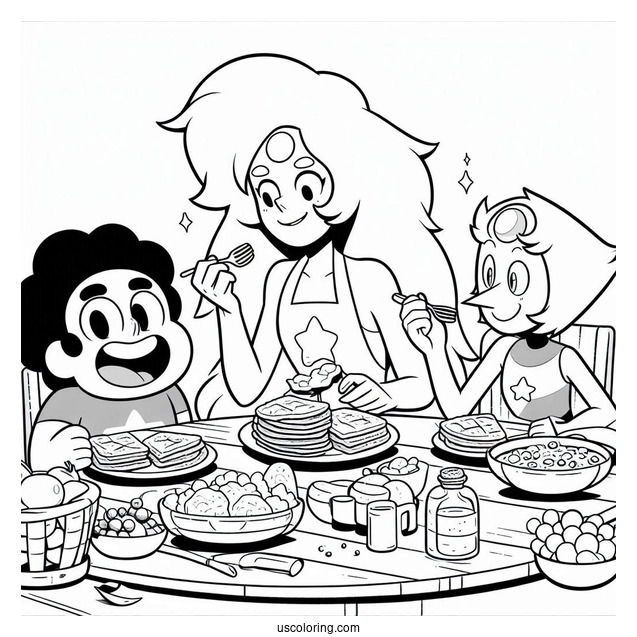 Steven Universe Coloring Page Of Having Breakfast With Pearl, Garnet, And Amethyst