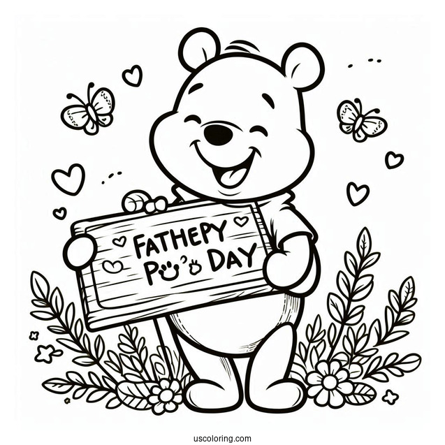 Smiling Winnie The Pooh With A Happy Father's Day Sign Coloring Page For Kids