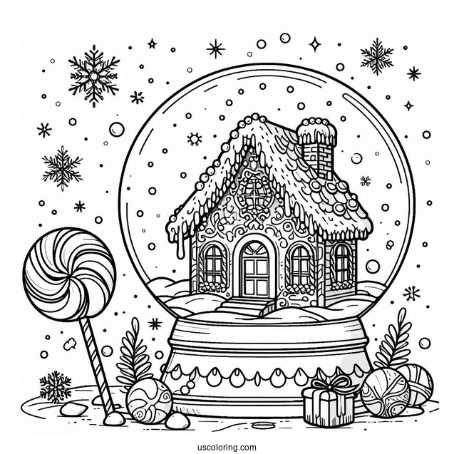 Fancy Gingerbread House With Candy Cane Snow Globe Coloring Page
