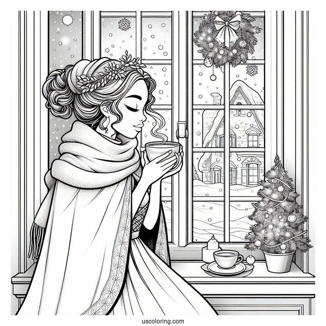 Coffee Coloring Pages Of Woman In Dress And Cape Drinking Coffee On Christmas Day By Window Bay