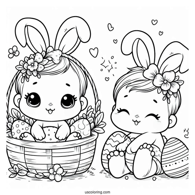 Baby Coloring Page With Bunny Ears In A Basket With Easter Eggs