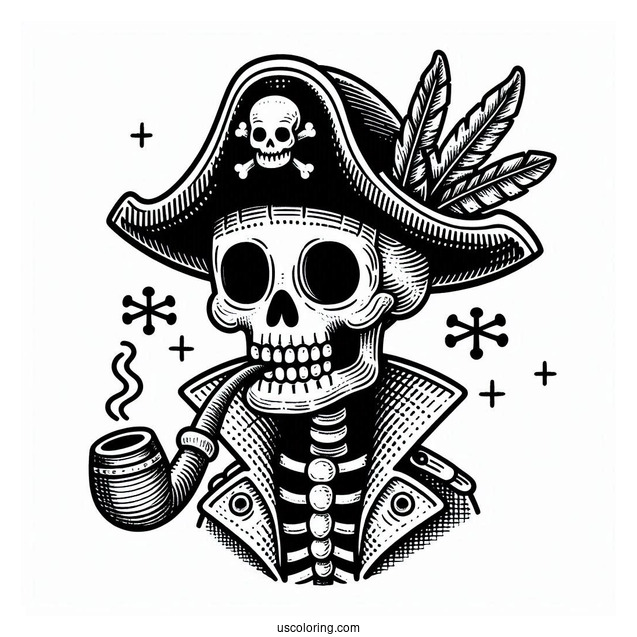 Pirate Coloring Page Skeleton With Hat, Cloak, And Pipe