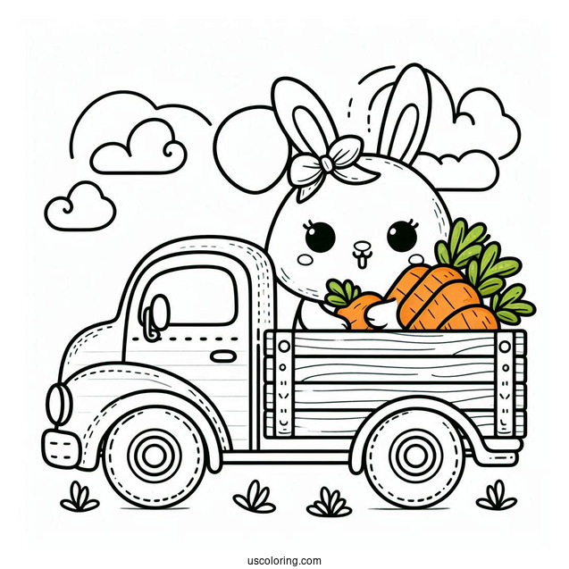 Easter Bunny Coloring Page At The Back Of Pick Up Truck With Carrots