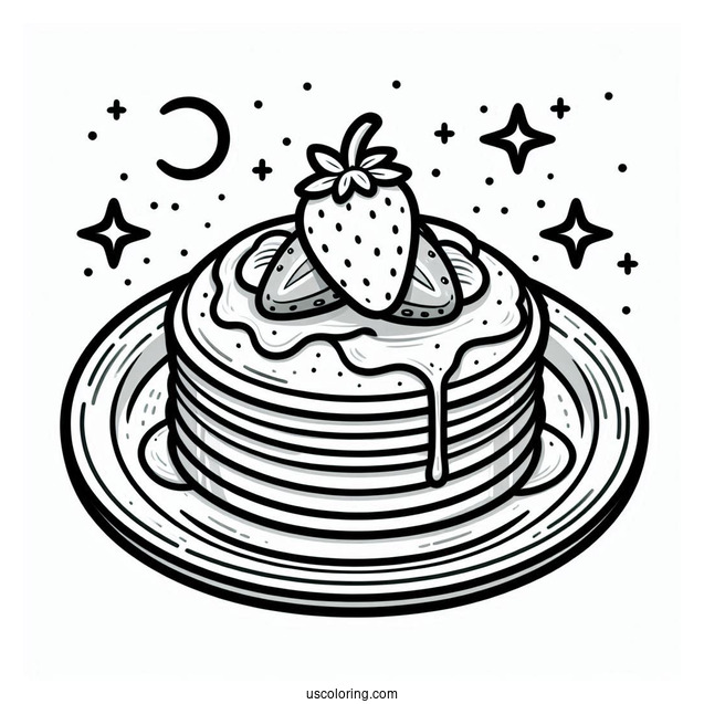 Fluffy Pancake Coloring Page With Strawberry, Blueberry, And Syrup For Kids