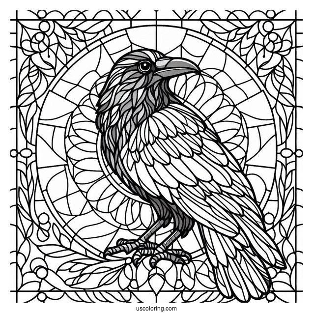 Raven Coloring Page With Stained Glass In The Background