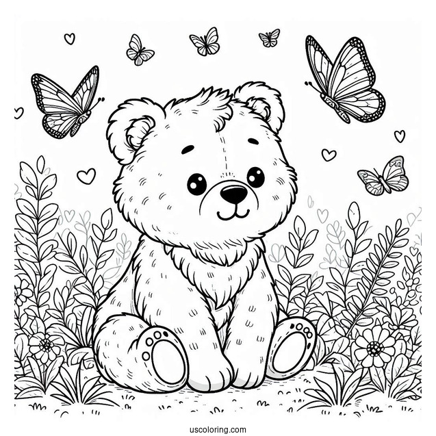Cute Bear Coloring Page Sitting In Grass With Butterflies